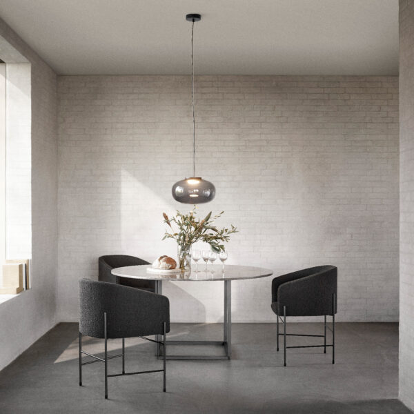 New Works Karl Johan Pendant Large Smoked Glass Florence Dining Table Ø145 Gris du Marais Covent Chair (1)